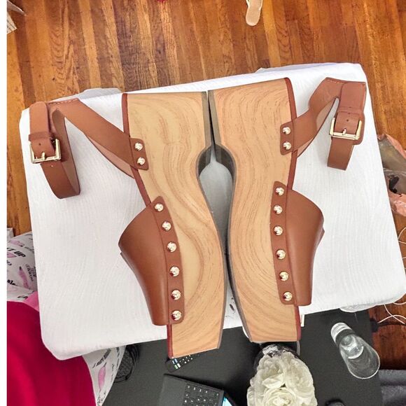 Marc Fisher Cognac Diona Leather Platform Faux Wood Wedge Sandals - Size 9.5 - Picture 5 of 7